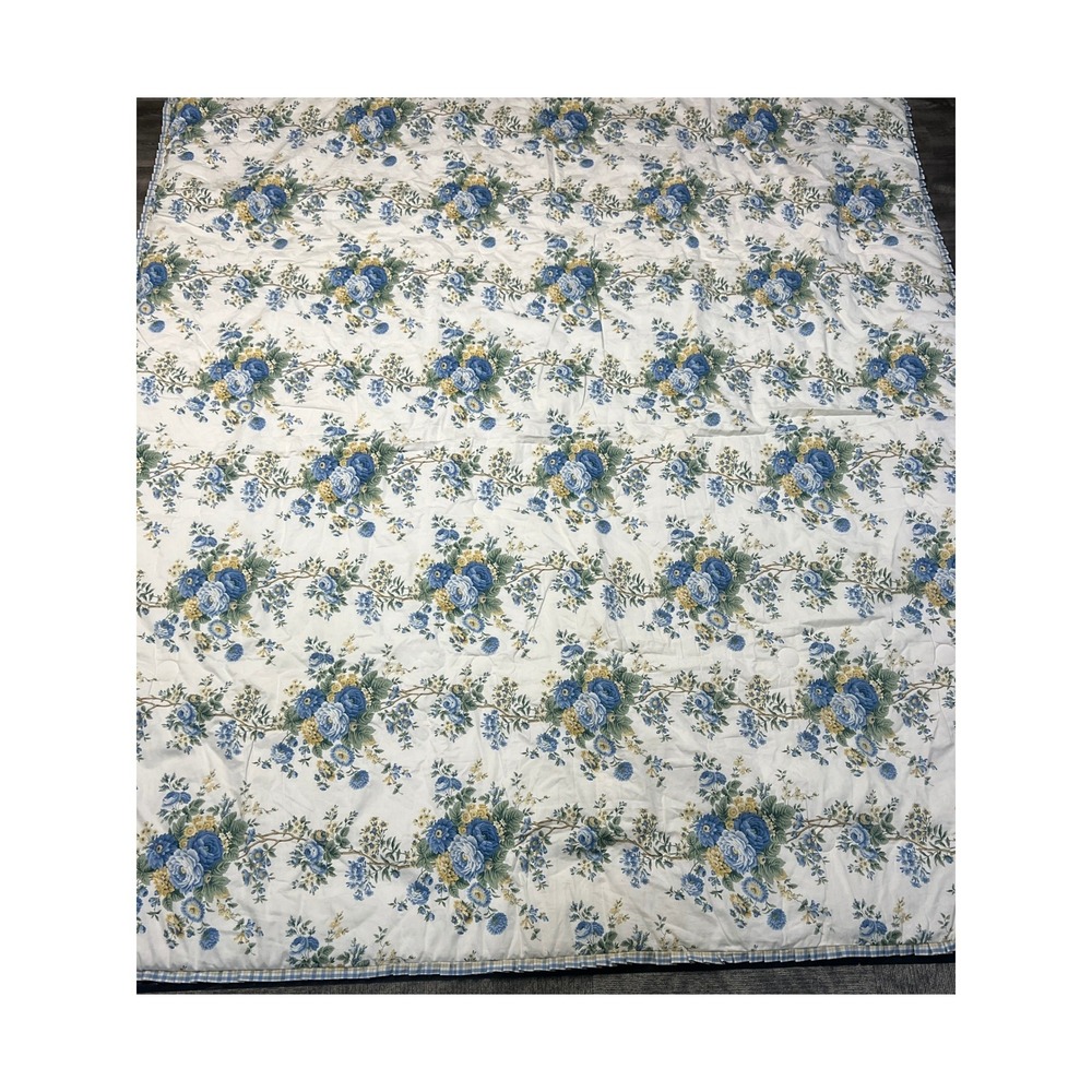VTG Waverly Comforter Blanket Floral Reversible King Blue Yellow Gingham Ruffle